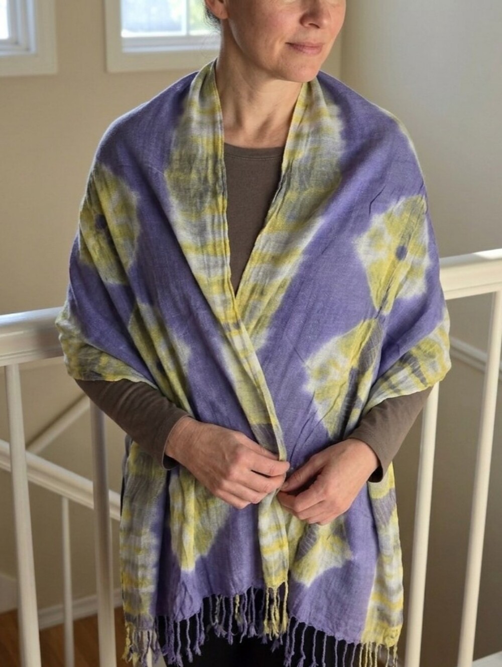 ROOTS Purple Yellow Tie Dye Shibori Fringe Wrap Scarf Lightweight Gauze Shawl